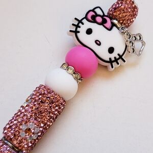 Handmade Pink White Hello Kitty Rhinestone Beaded Silicone Focal Bead Pen